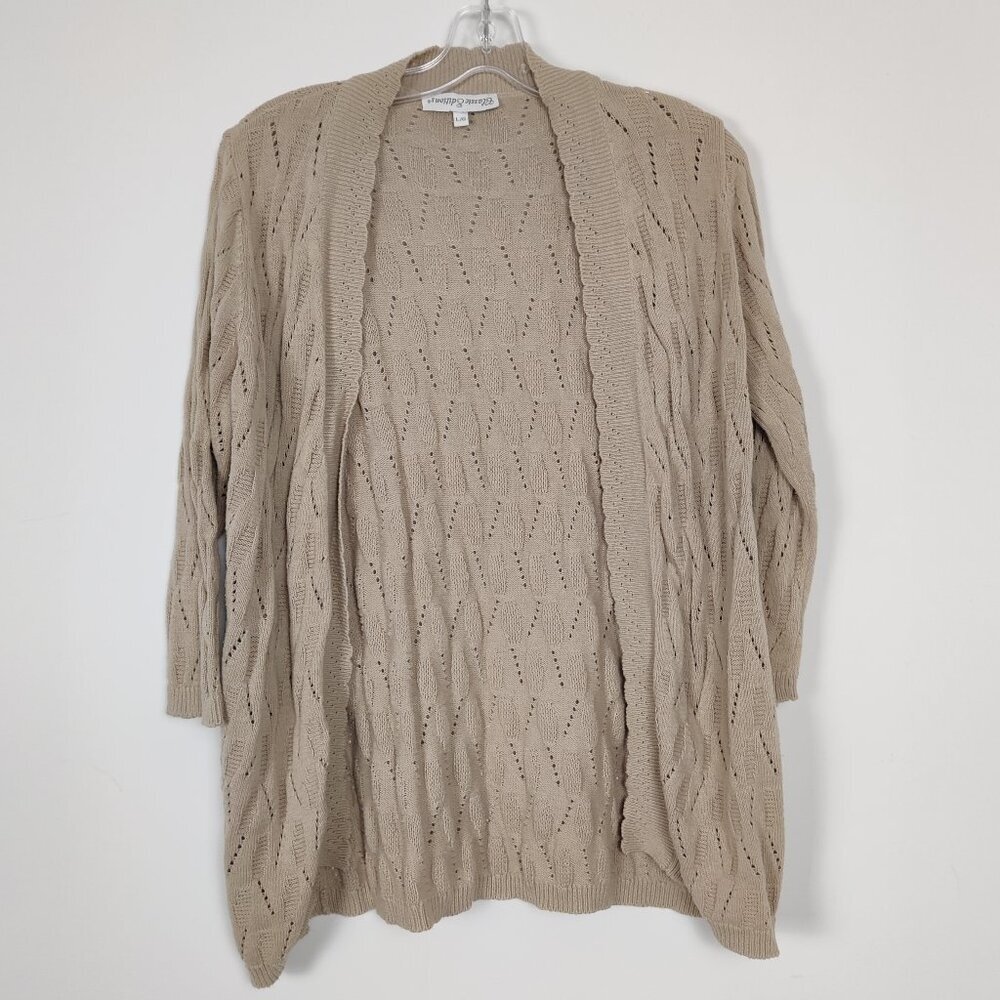 Classic Editions Women's Cardigan Size L Beige Cotton Knit Openwork Casual Daily